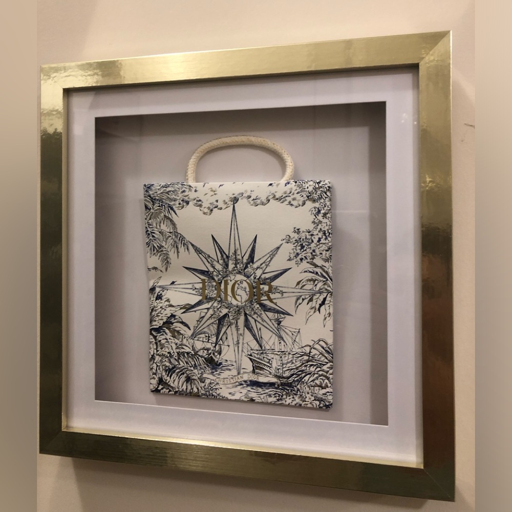 DIOR White & Blue  Print Shopping Bag Set in a Lux Gold Framed Shadow Box Frame